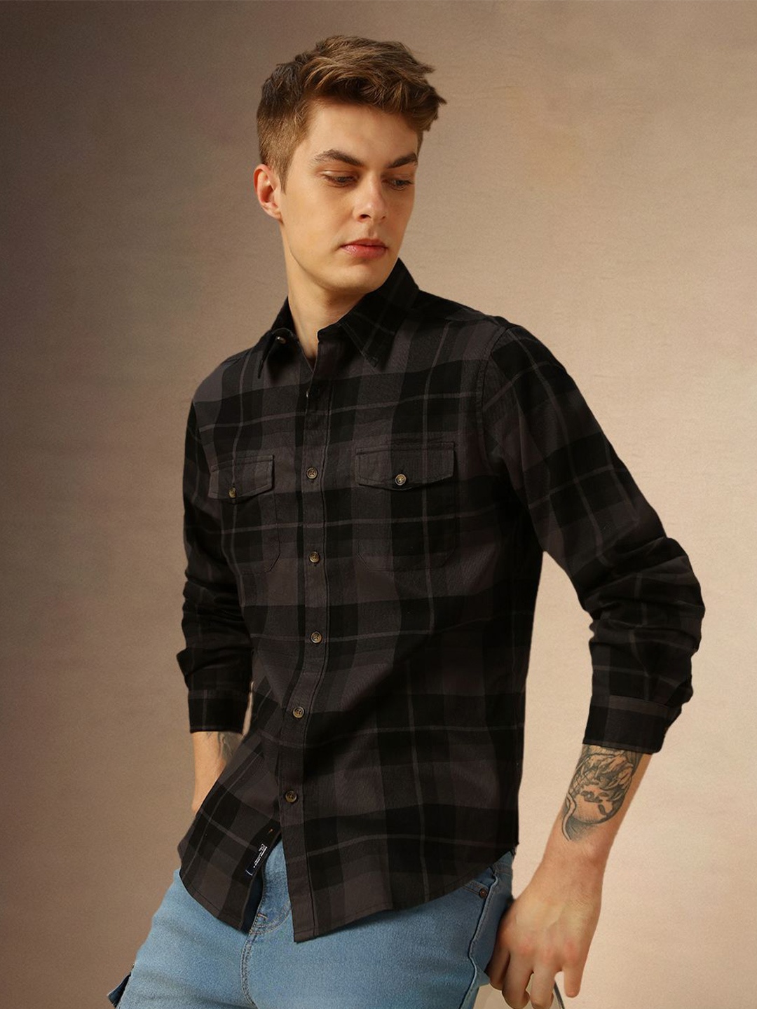 

Dennis Lingo Men Comfort Spread Collar Tartan Checked Cotton Casual Shirt, Grey