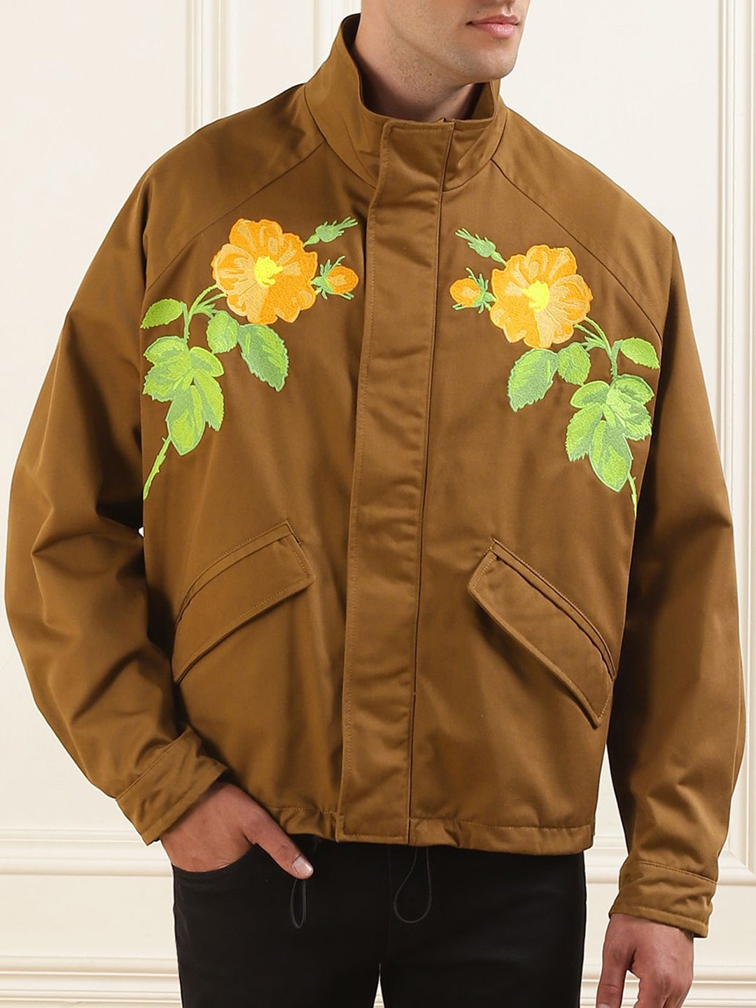 

HUGO Men Floral Embroidered Stand Collar Jacket, Brown