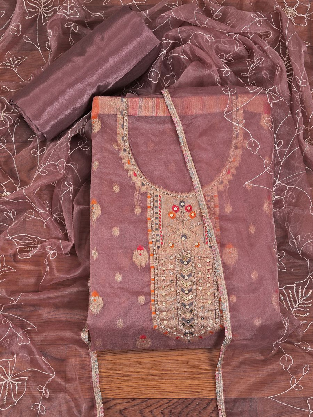

Jaipur Kurti Woven Design Organza Gota Patti Dress Material With Dupatta, Peach
