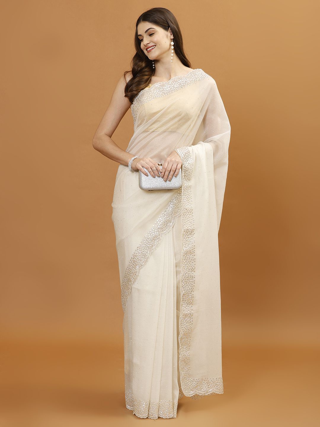 

Meena Bazaar Embellished Beads and Stones Organza Saree, Cream