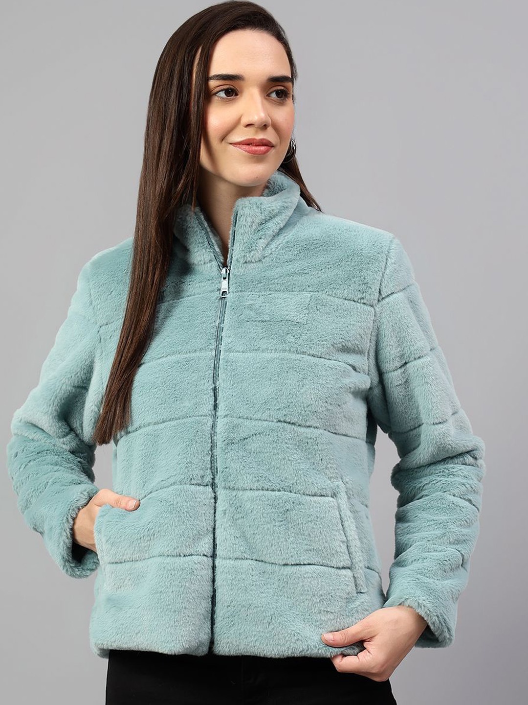 

Cantabil Women Woollen Winter Bomber Jacket, Sea green