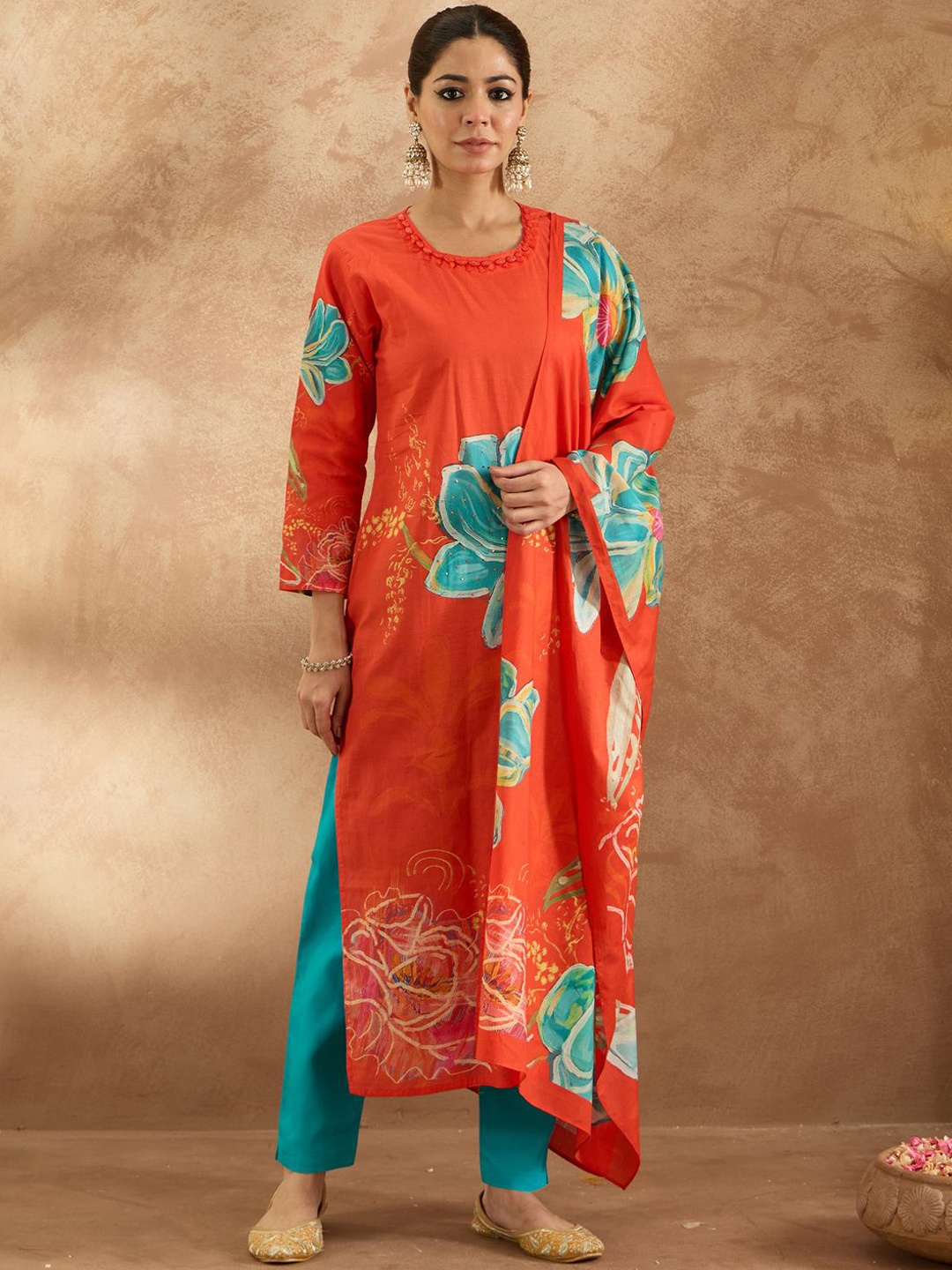 

Indo Era Women Floral Printed Regular Pure Cotton Kurta with Trousers & Dupatta, Orange