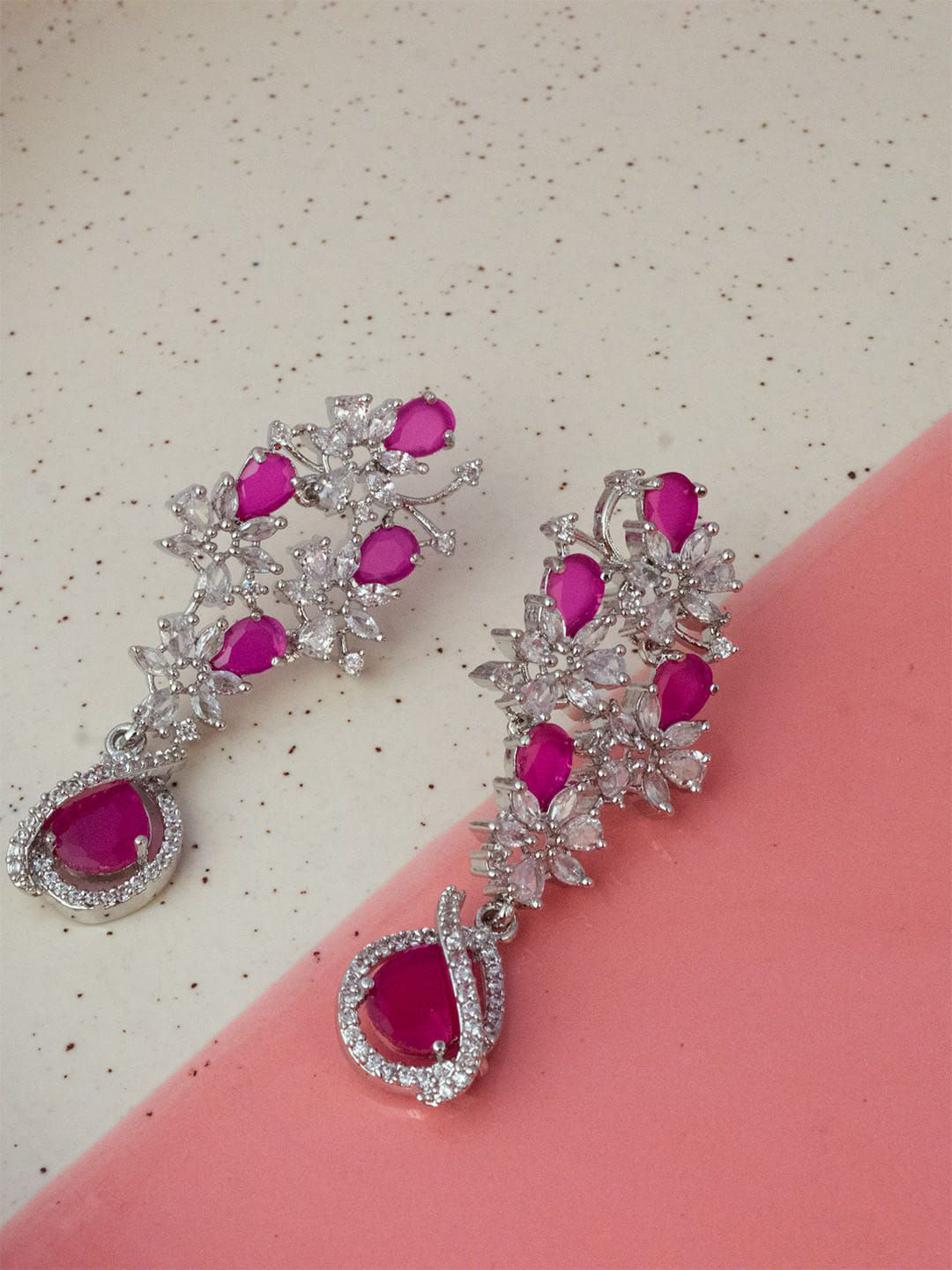 

SHARLEEZ Rhodium-Plated Contemporary Drop Earrings, Pink