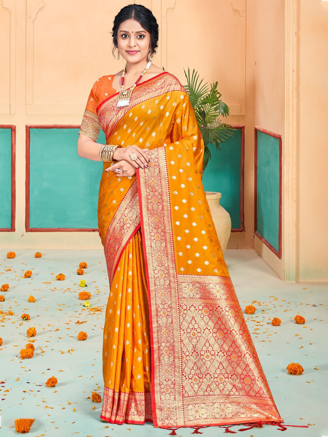 

SANGAM PRINTS Woven Design Zari Tussar Saree, Mustard