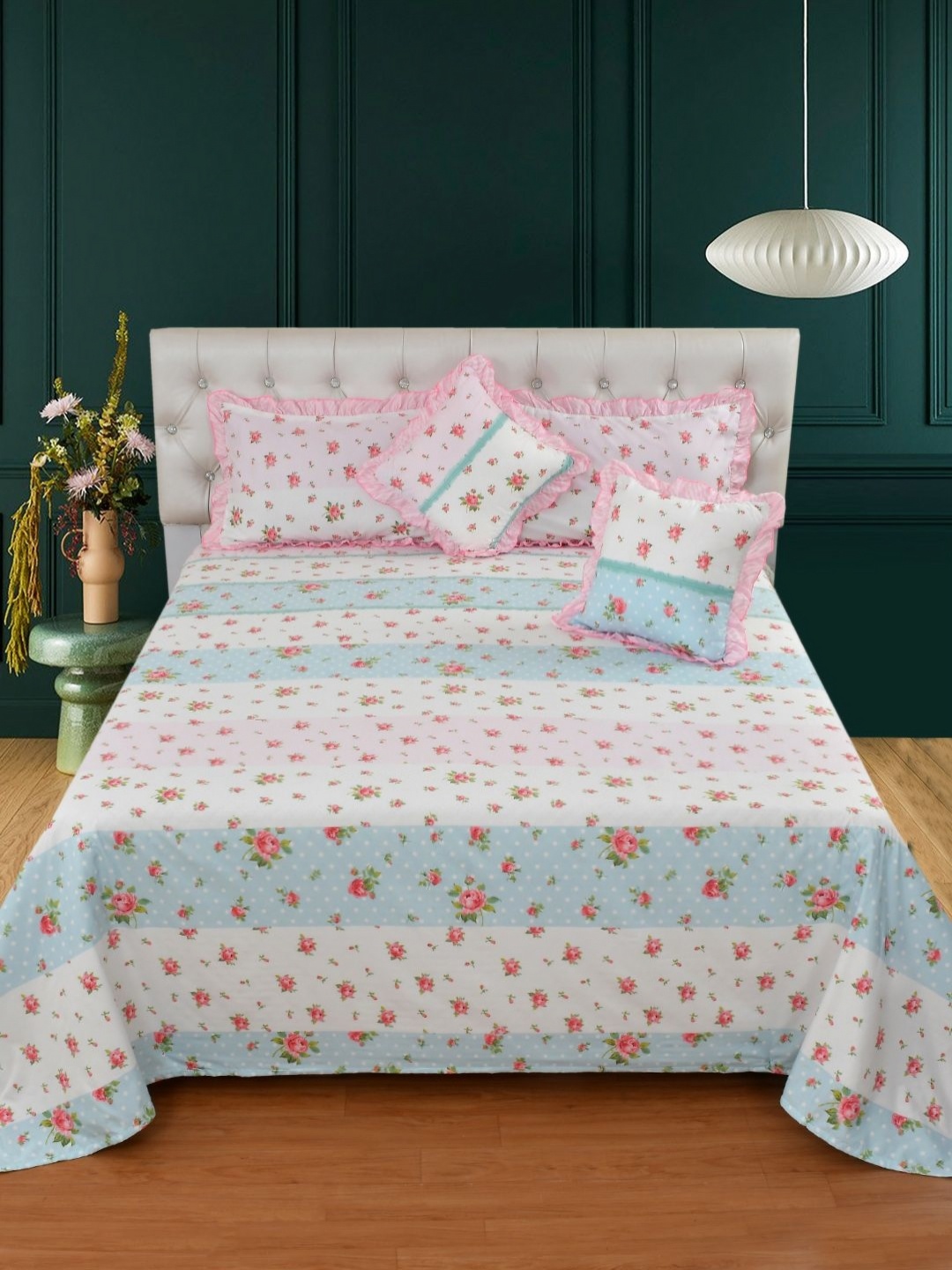 

BREVARD White & Pink 5 Pieces Floral Printed Double Queen Superfine Bedding Set
