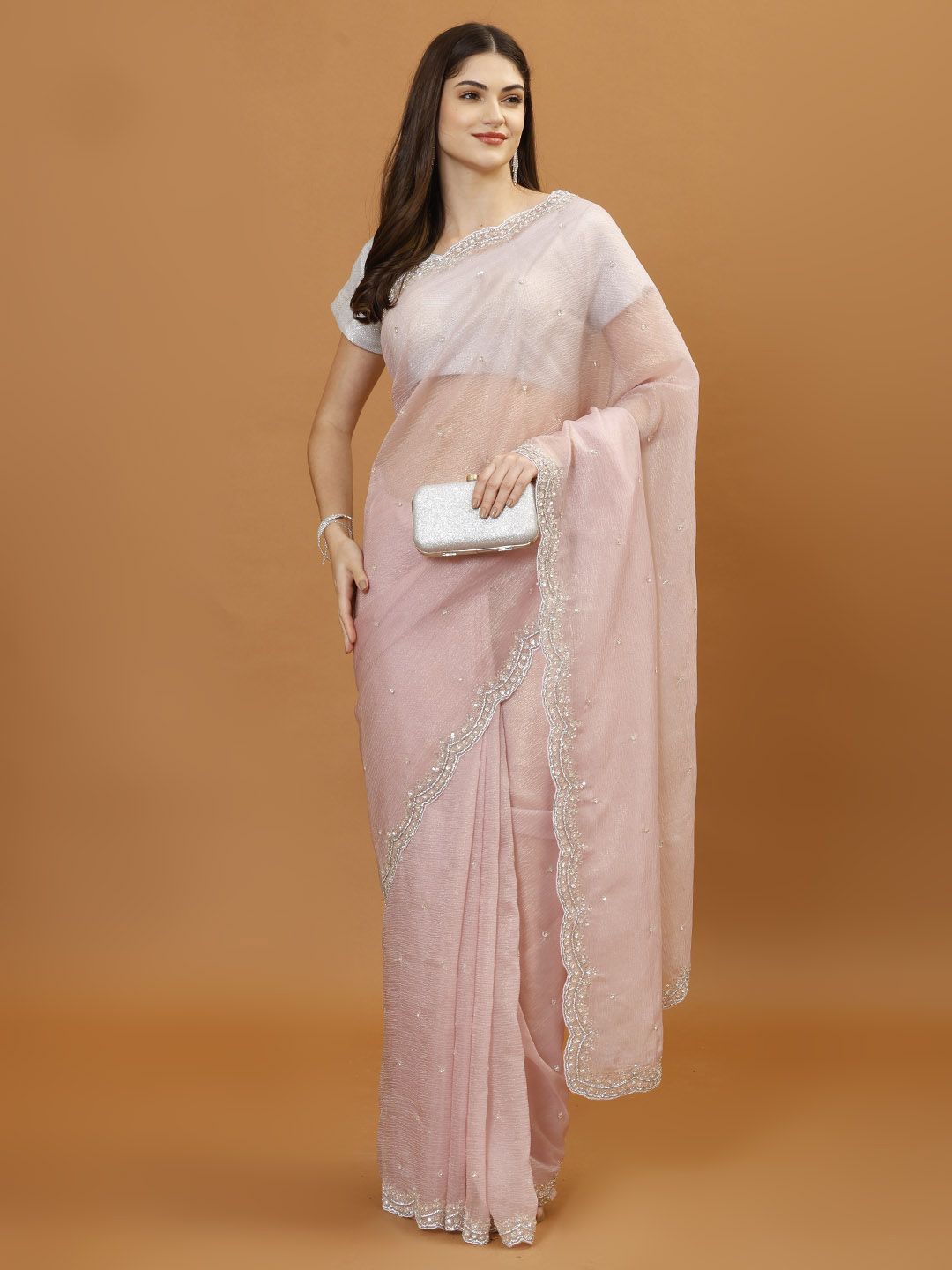 

Meena Bazaar Embellished Beads and Stones Organza Saree, Peach