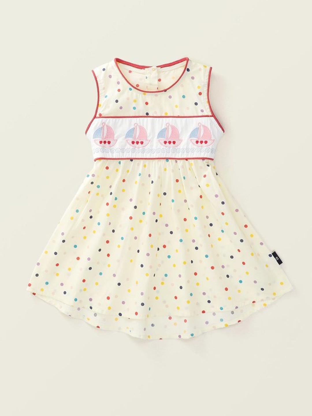 

LULU & SKY Girls Polka Dots Printed Round Neck Sleeveless Cotton Fit & Flare Dress, Beige