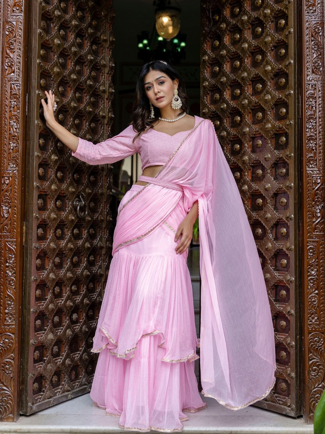

Jaipurite Chikankari Pure Chiffon Lehenga Saree, Pink