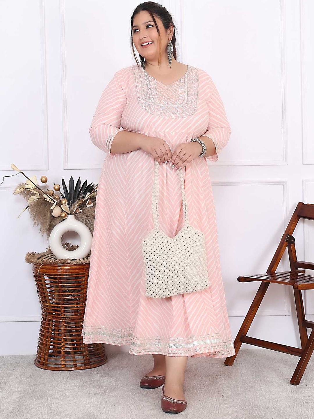 

FLAVIA CREATION Women Plus Size Pure Cotton Leheriya Printed Yoke Design Anarkali Kurta, Pink