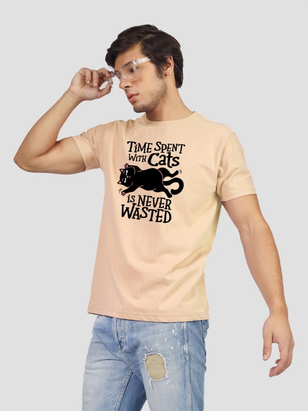 

Greylongg Men Typography Printed Round Neck Cotton T-shirt, Beige