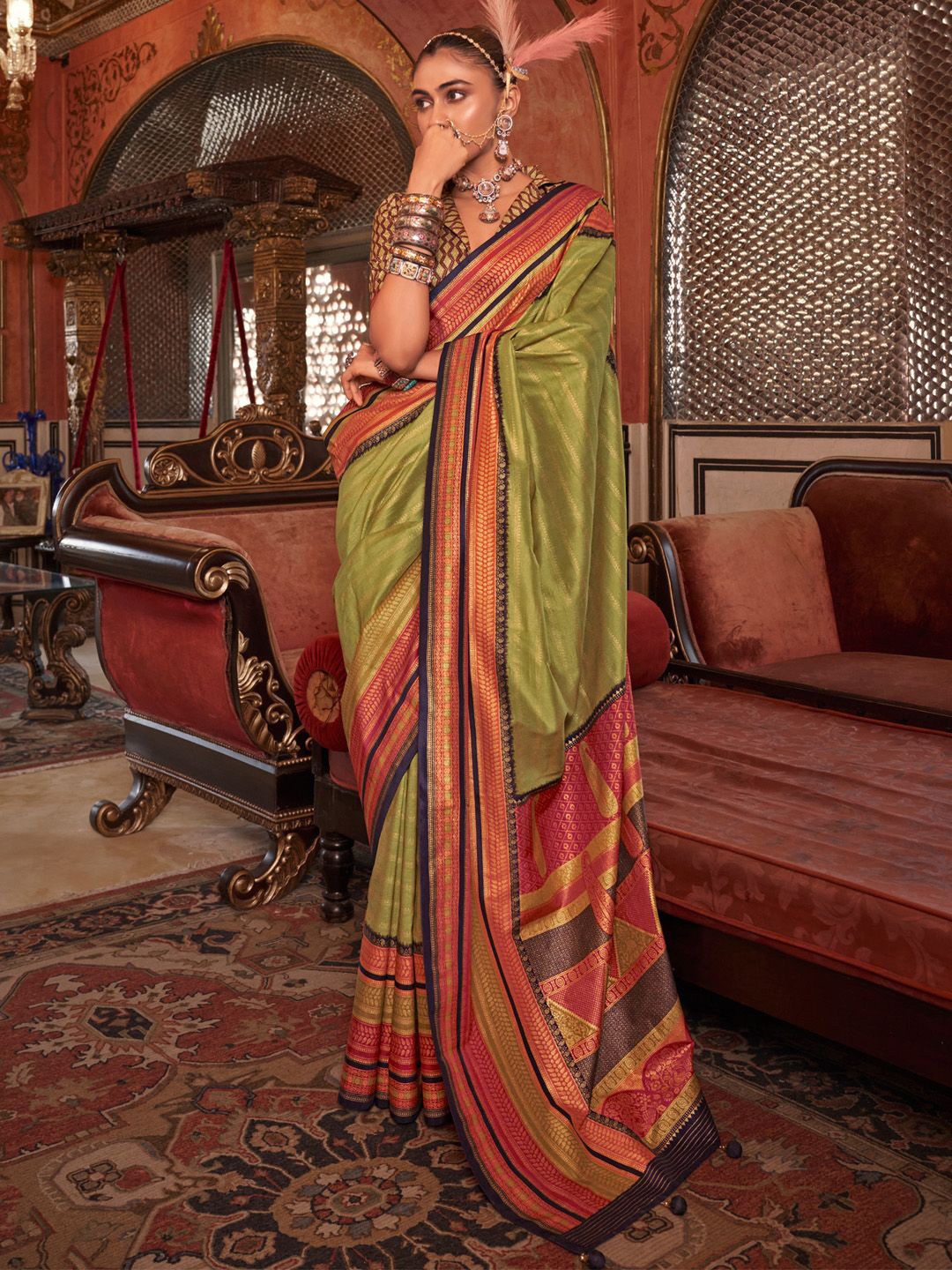 

Anouk Ethnic Motifs Zari Banarasi Saree, Olive