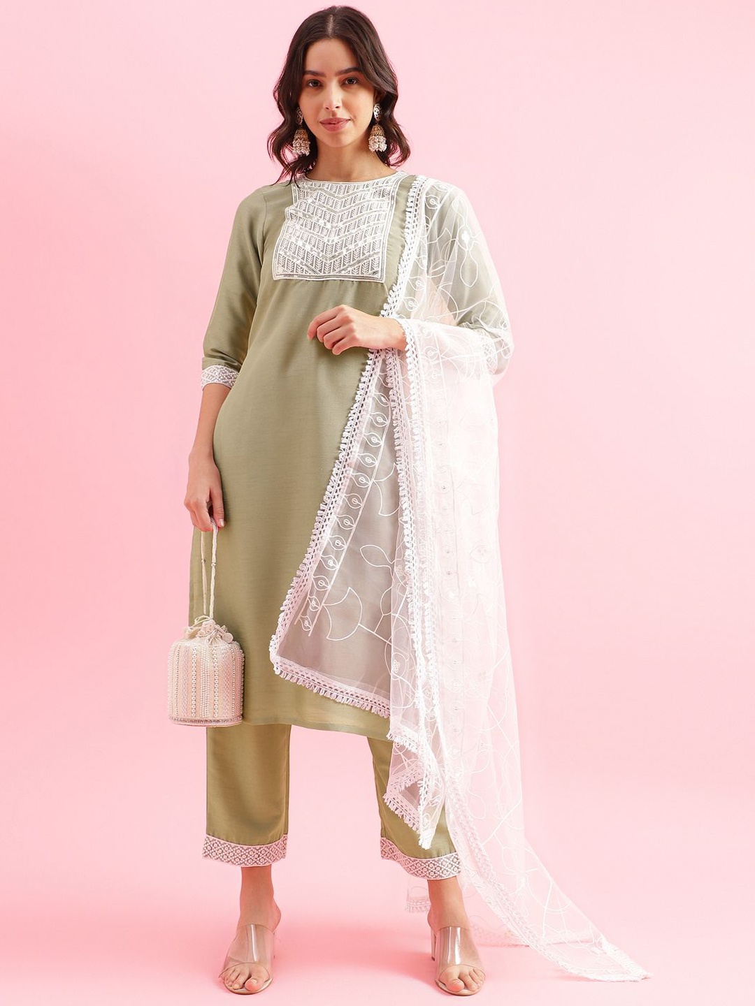 

KALINI Women Embroidered Kurta with Trousers & With Dupatta, Green