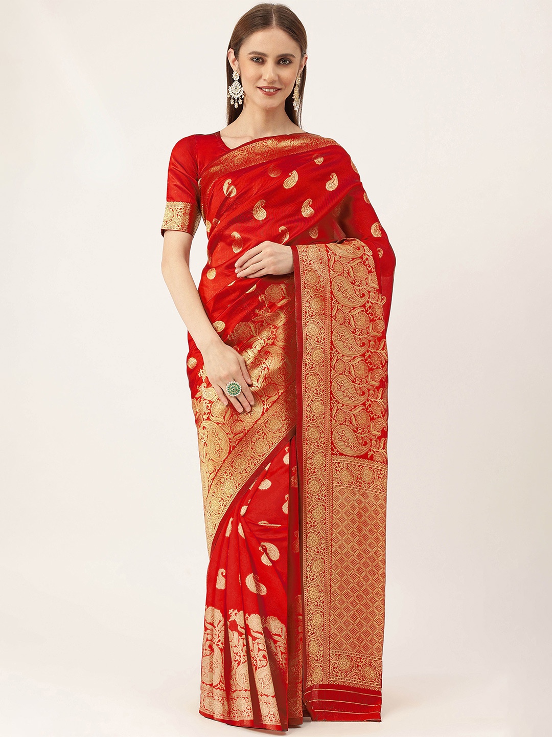 

Maroosh Woven Design Banarasi Saree With Zari Border, Red