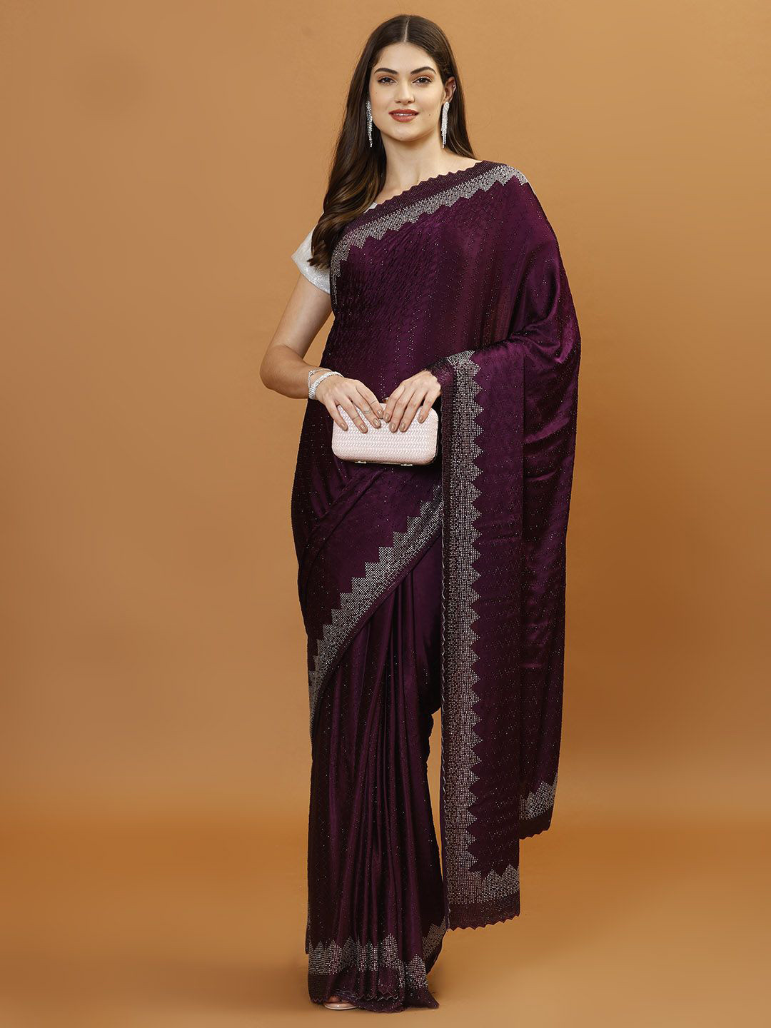 

Meena Bazaar Embellished Beads and Stones Heavy Work Saree, Purple
