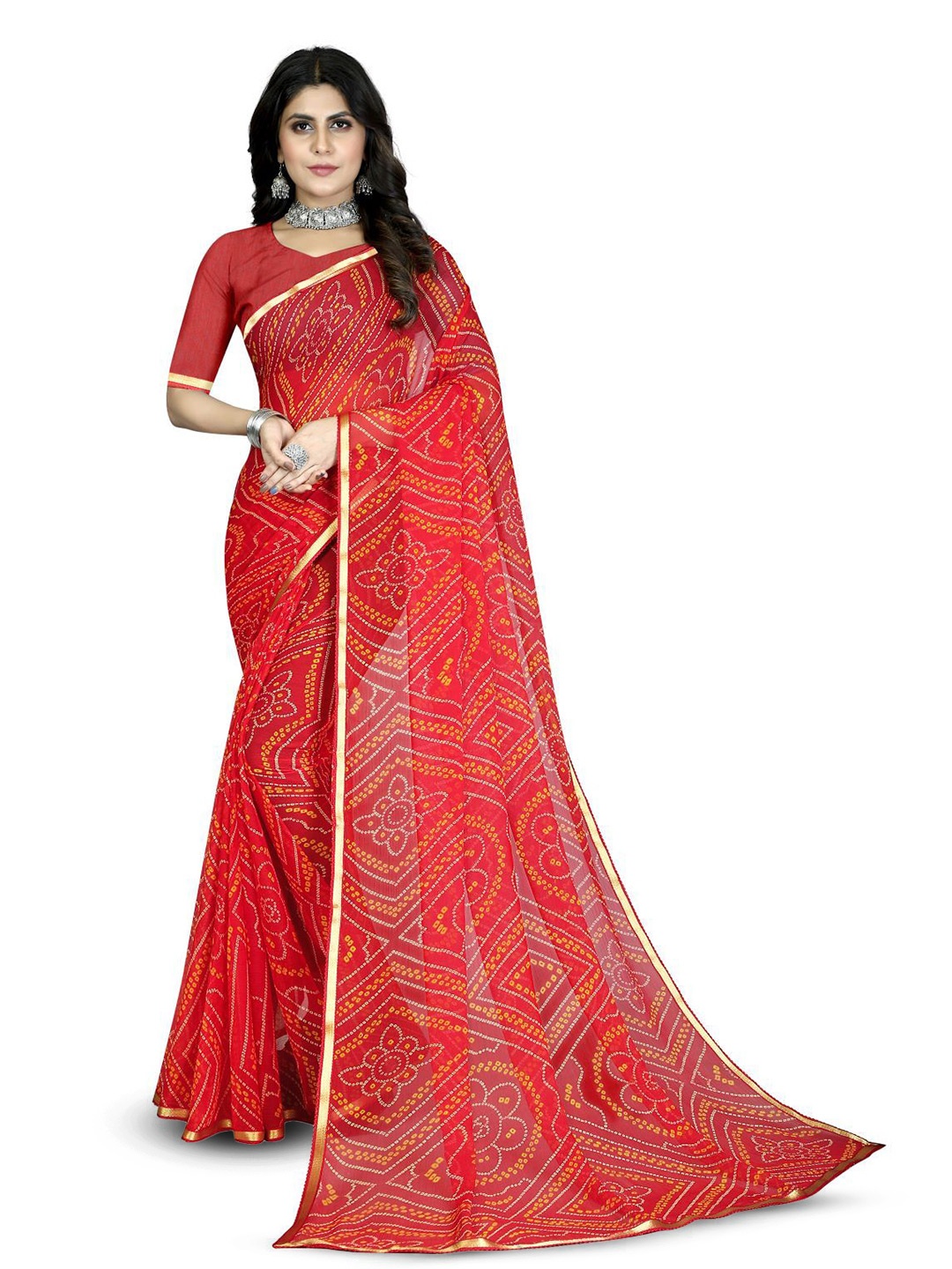 

Anouk Bandhani Printed Zari Border Saree, Red