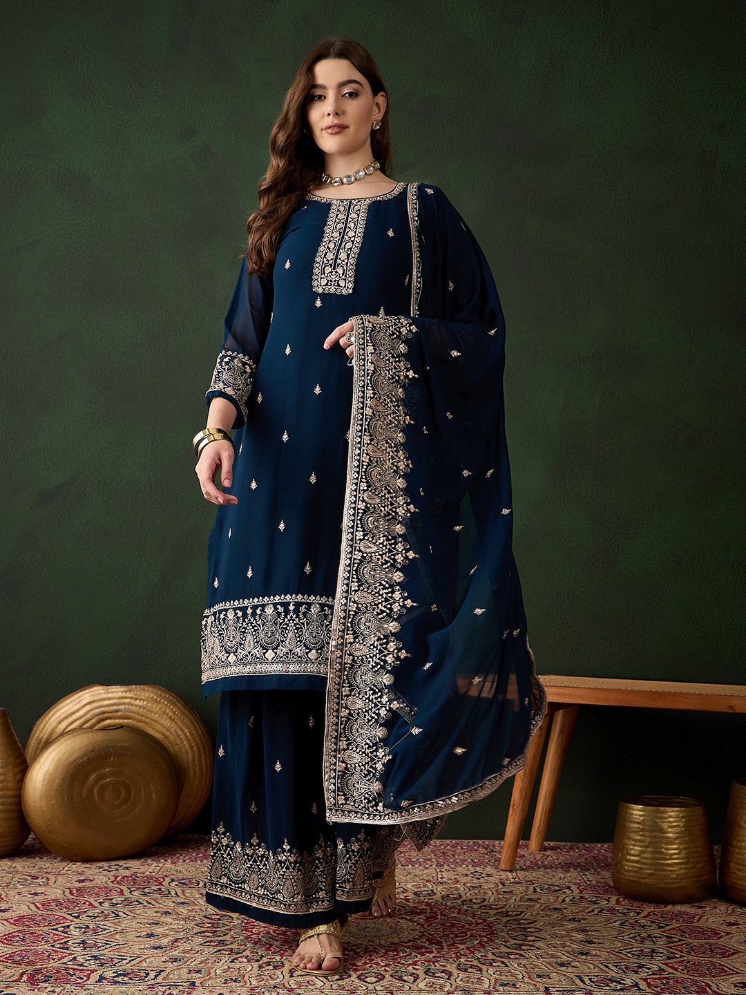 

Miss Ethnik Women Ethnic Motifs Embroidered Kurta & Sharara With Dupatta, Blue