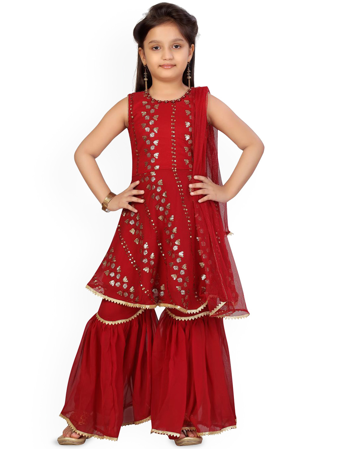 

BAESD Girls Embroidered Kurti & Sharara With Dupatta, Maroon