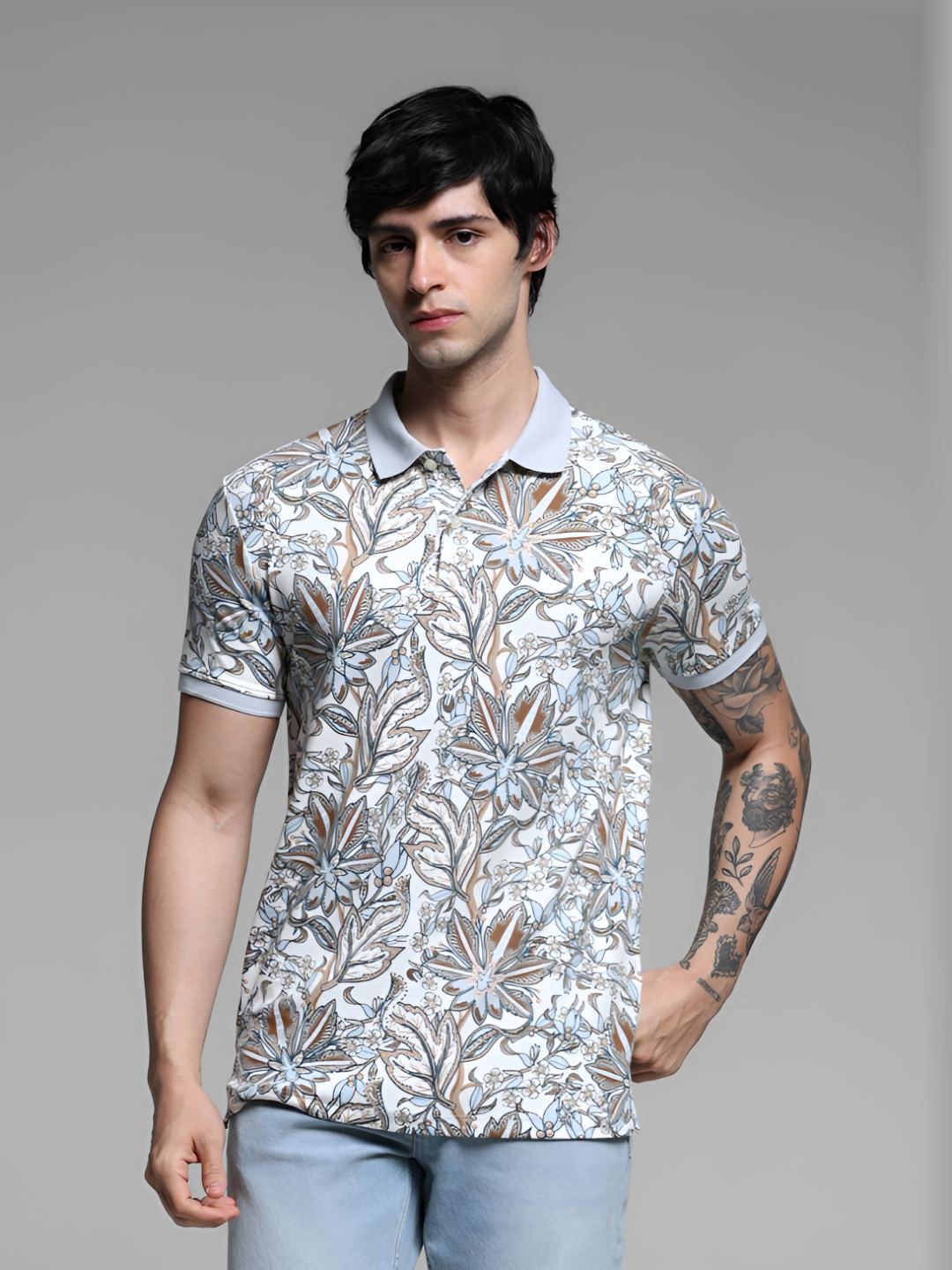 

Jack & Jones Men Floral Printed Polo Collar Cotton T-shirt, White
