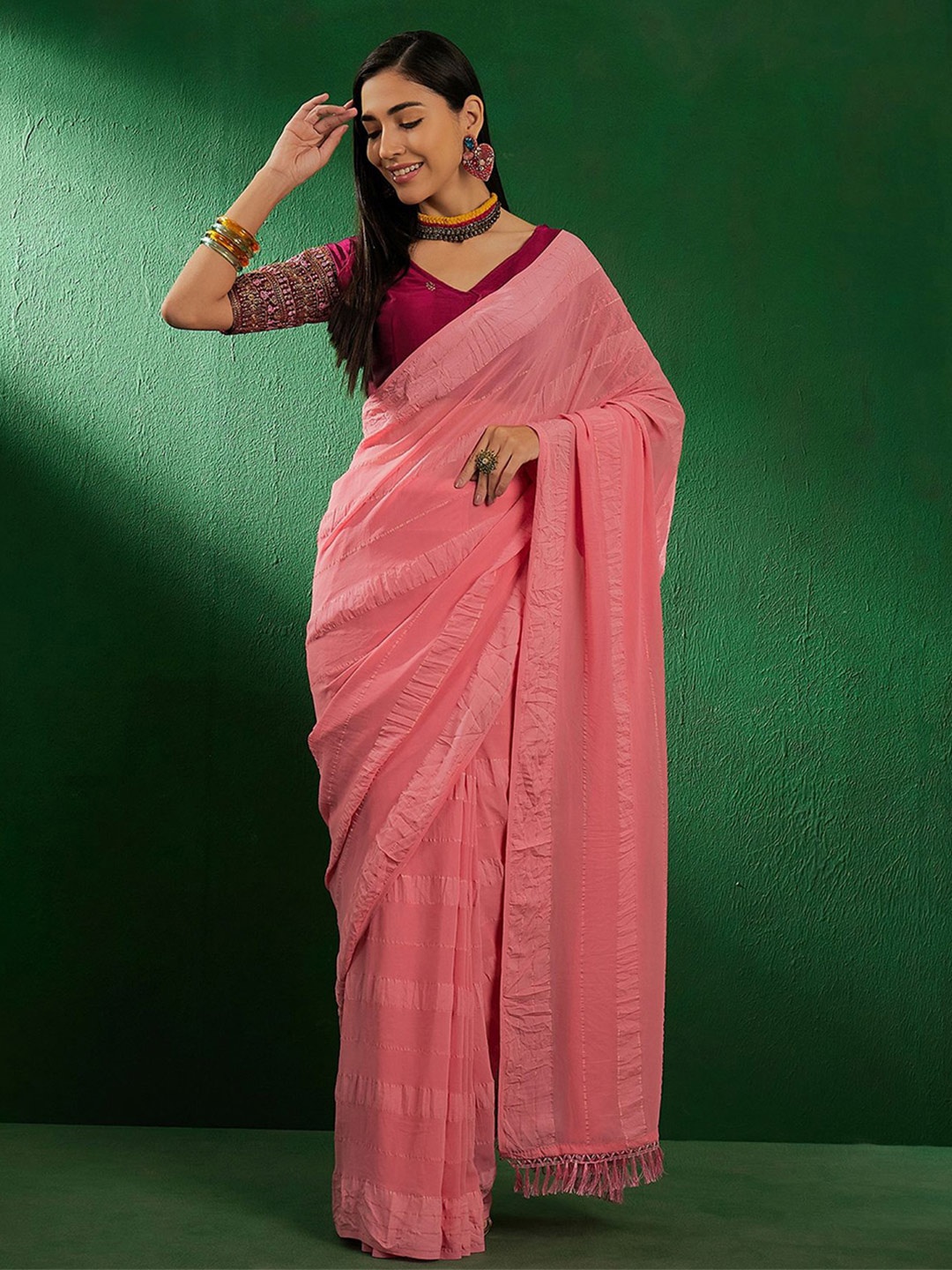 

Maroosh Striped Banarasi Saree, Pink