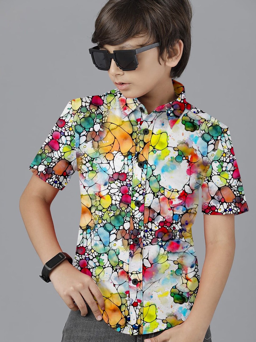 

BAESD Boys Premium Spread Collar Abstract Printed Cotton Casual Shirt, White