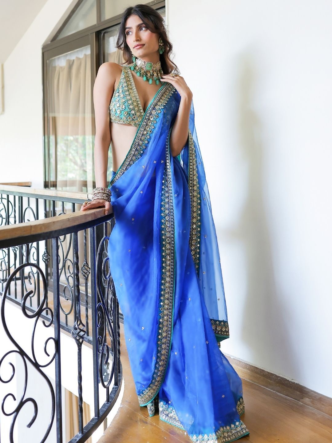 

Foram patel Blue Embroidered Organza Saree Set