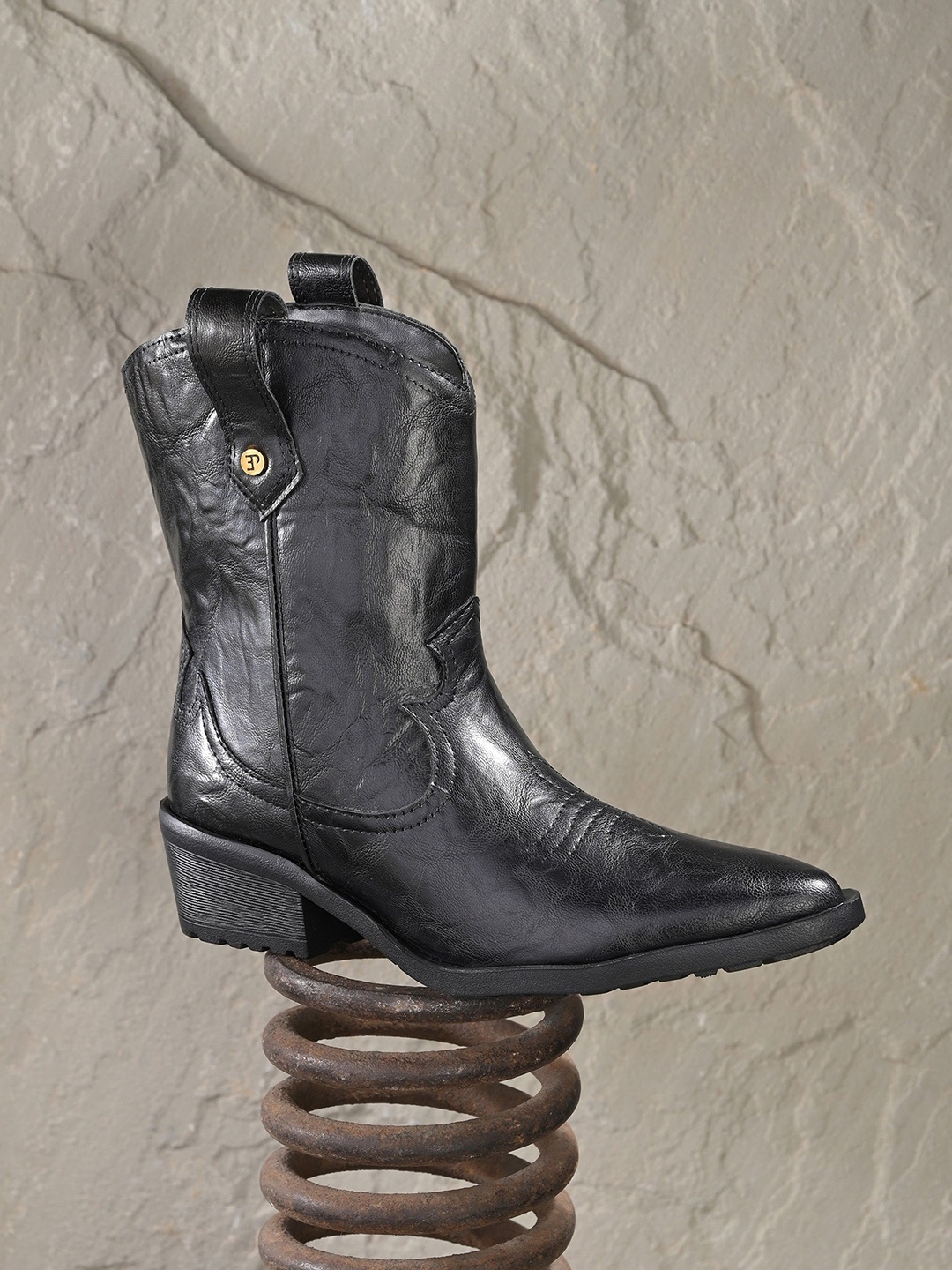 

El Paso Women Textured Slip-On Block-Heeled Cowboy Boots, Black