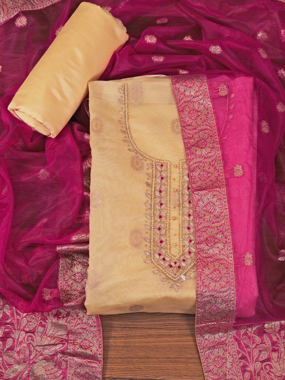 

Jaipur Kurti Woven Design Organza Embellished Dress Material With Dupatta, Yellow