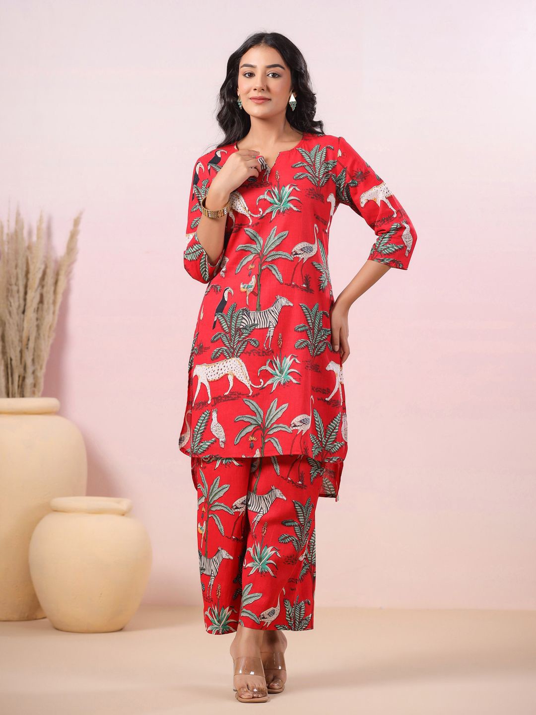 

LYFJ Printed Pure Cotton Tunic & Trousers Co-Ords, Red