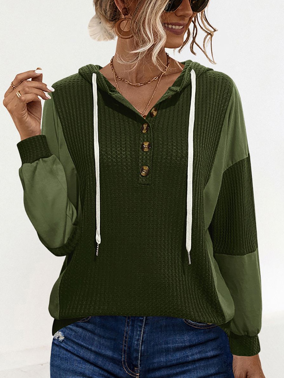 

StyleCast x Revolte Women Colourblocked Hood Pullover Sweatshirt, Green