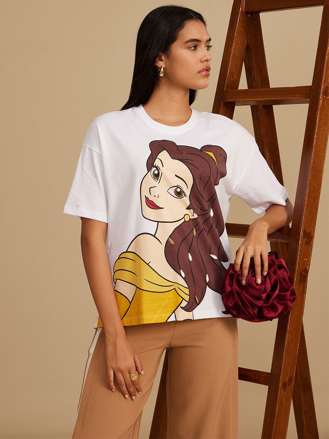 

Kazo Women Disney Princess Graphic Printed Round Neck Cotton Boxy T-shirt, White