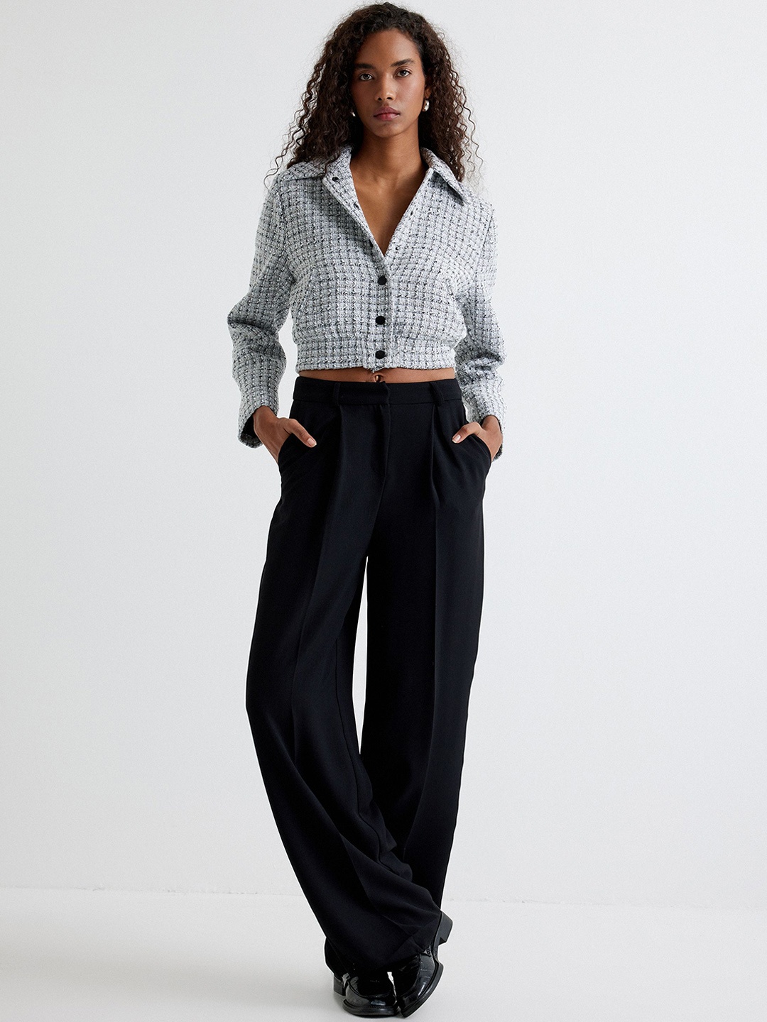 

Koton Women Checked Spread Collar Crop Tailored Jacket, Black