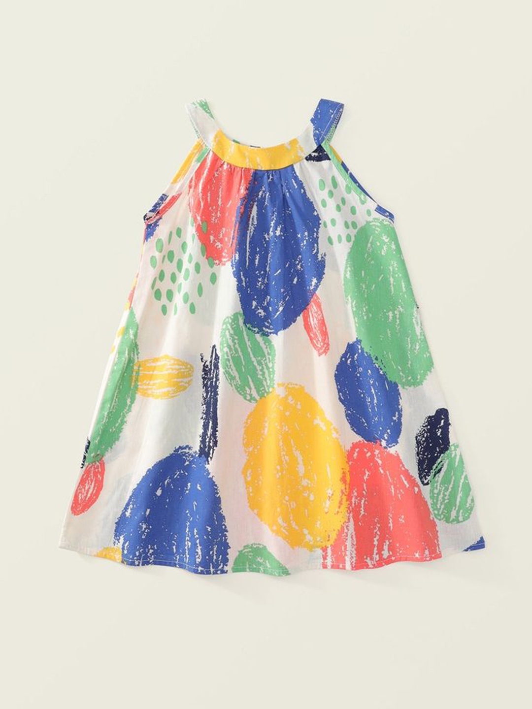 

LULU & SKY Girls Pure Cotton Shoulder Colourblocked Print A-Line Dress, Blue