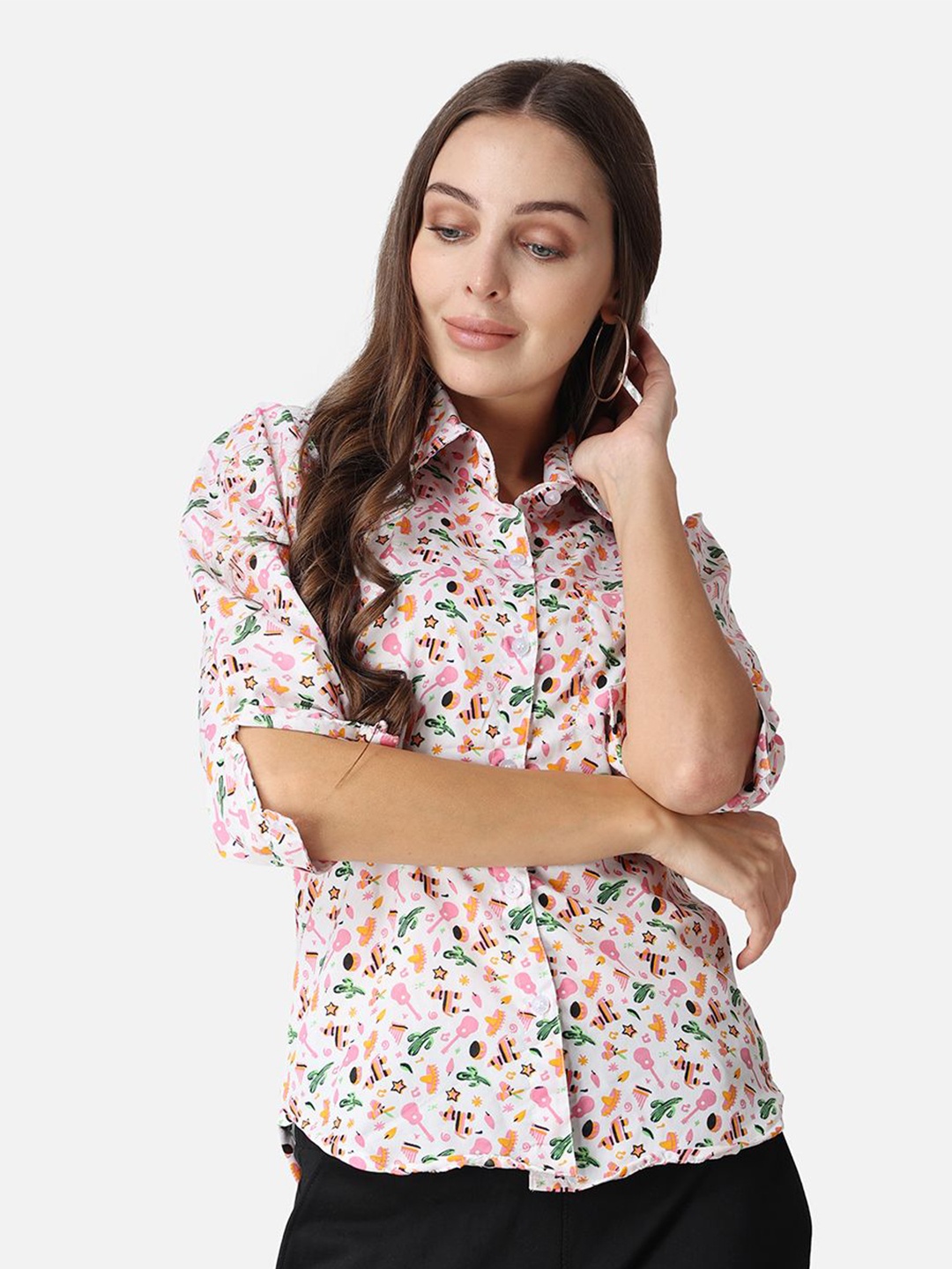 

MINOS Women Classic Spread Collar Graphic Printed Crepe Casual Shirt, White