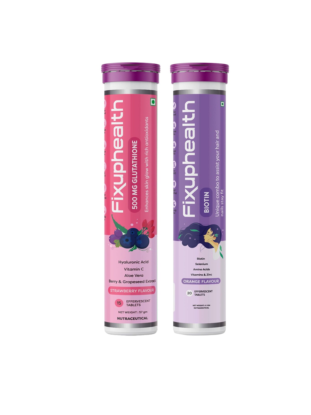

Fixuphealth Set Of 2 Biotin Selenium Amino Effervescent 20 tab- Glutathione AloeVera 15Tab, Purple