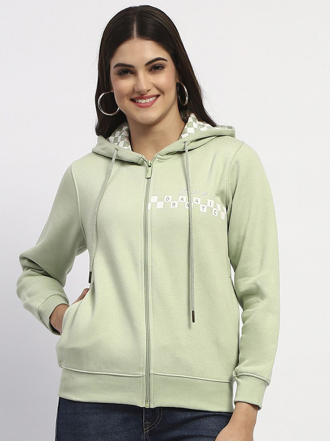 

Madame Women Typography Printed Hood Cotton Front-Open Sweatshirt, Green