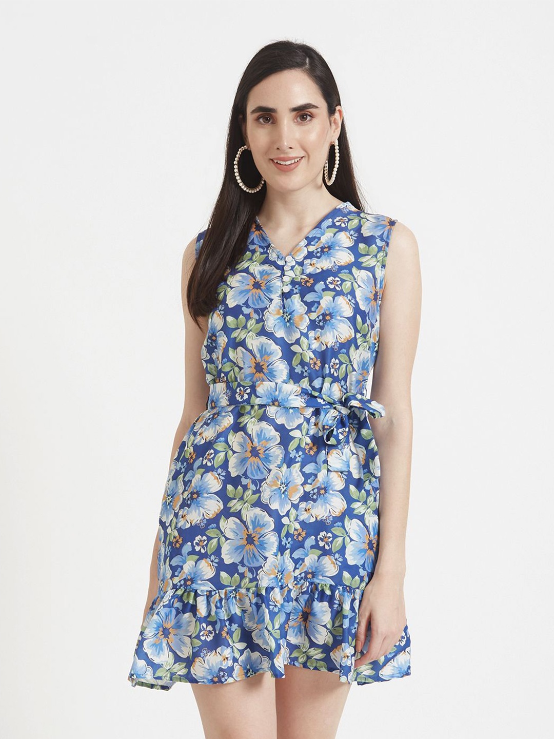 

AMSWAN Floral Printed V-Neck A-Line Mini Dress, Blue