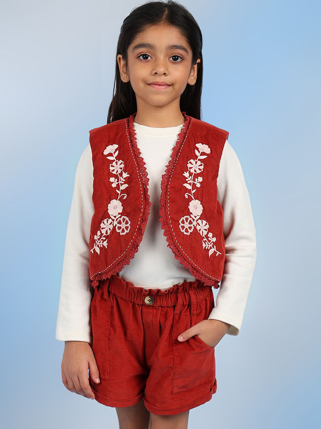 

The Tribe Kids Girls Cotton Sleeveless Embroidered Waistcoat, Red