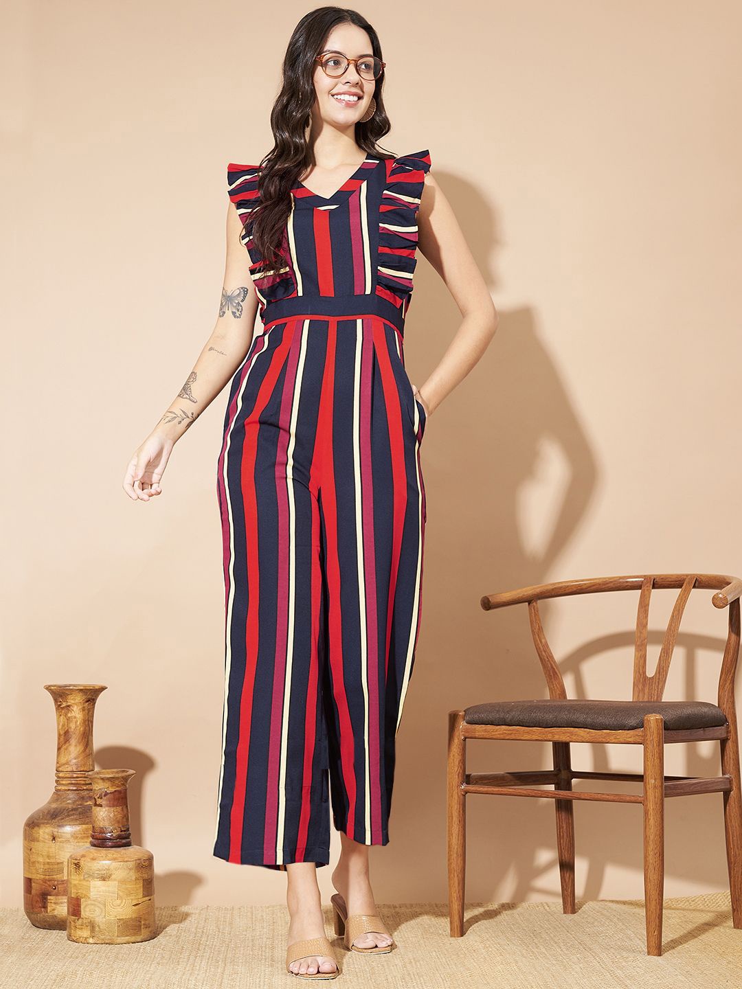 

Slenor Women Striped with Ruffles Jumpsuit, Red