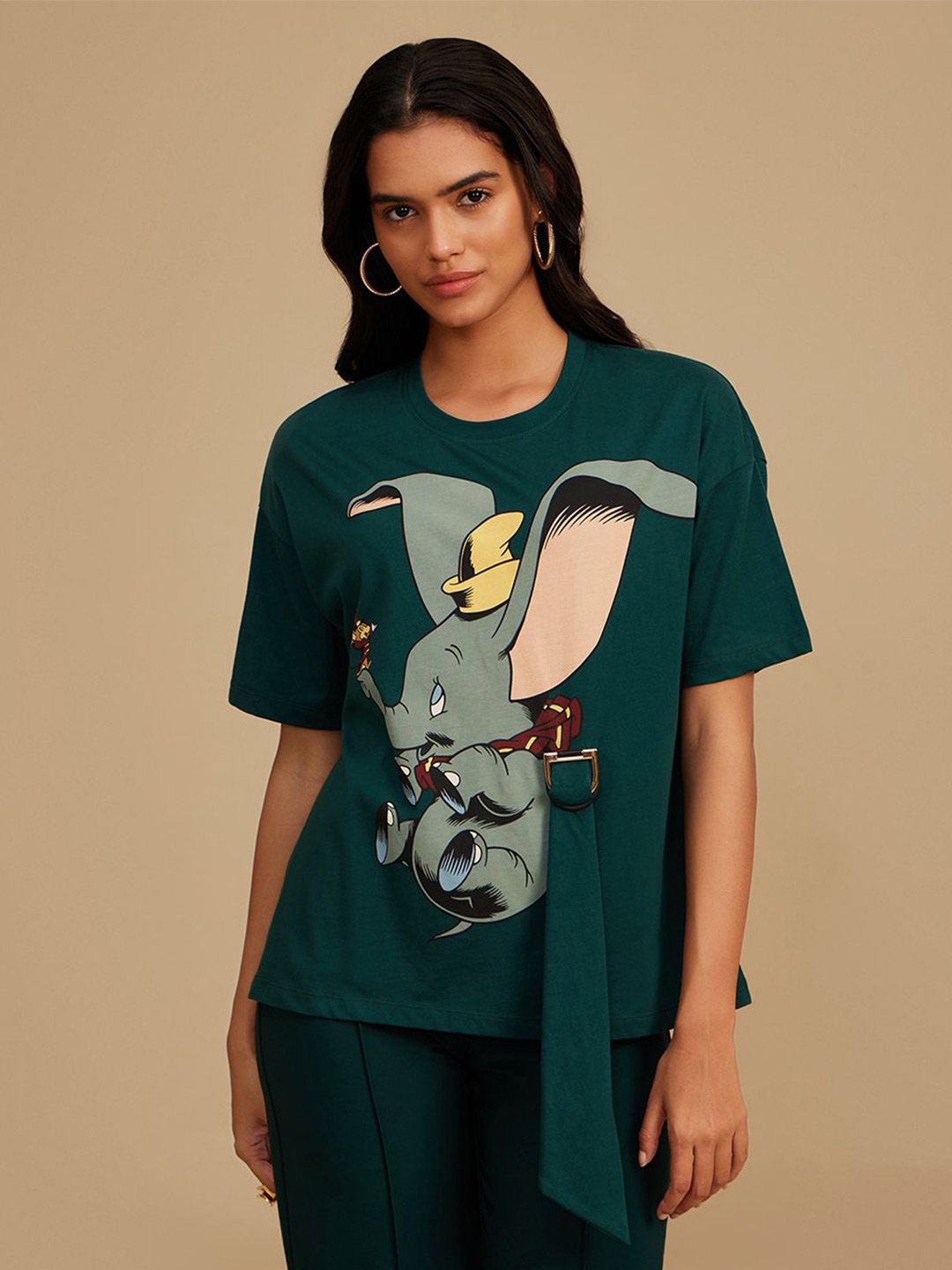

Kazo Women Graphic Printed Round Neck Cotton Boxy T-shirt, Green