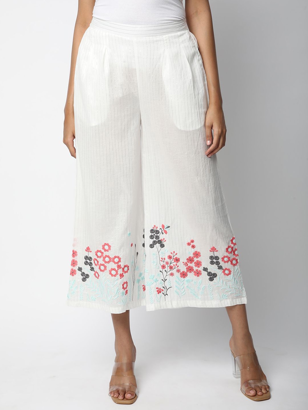 

R&B Women Floral Embroidered Flared Cropped Palazzos, White