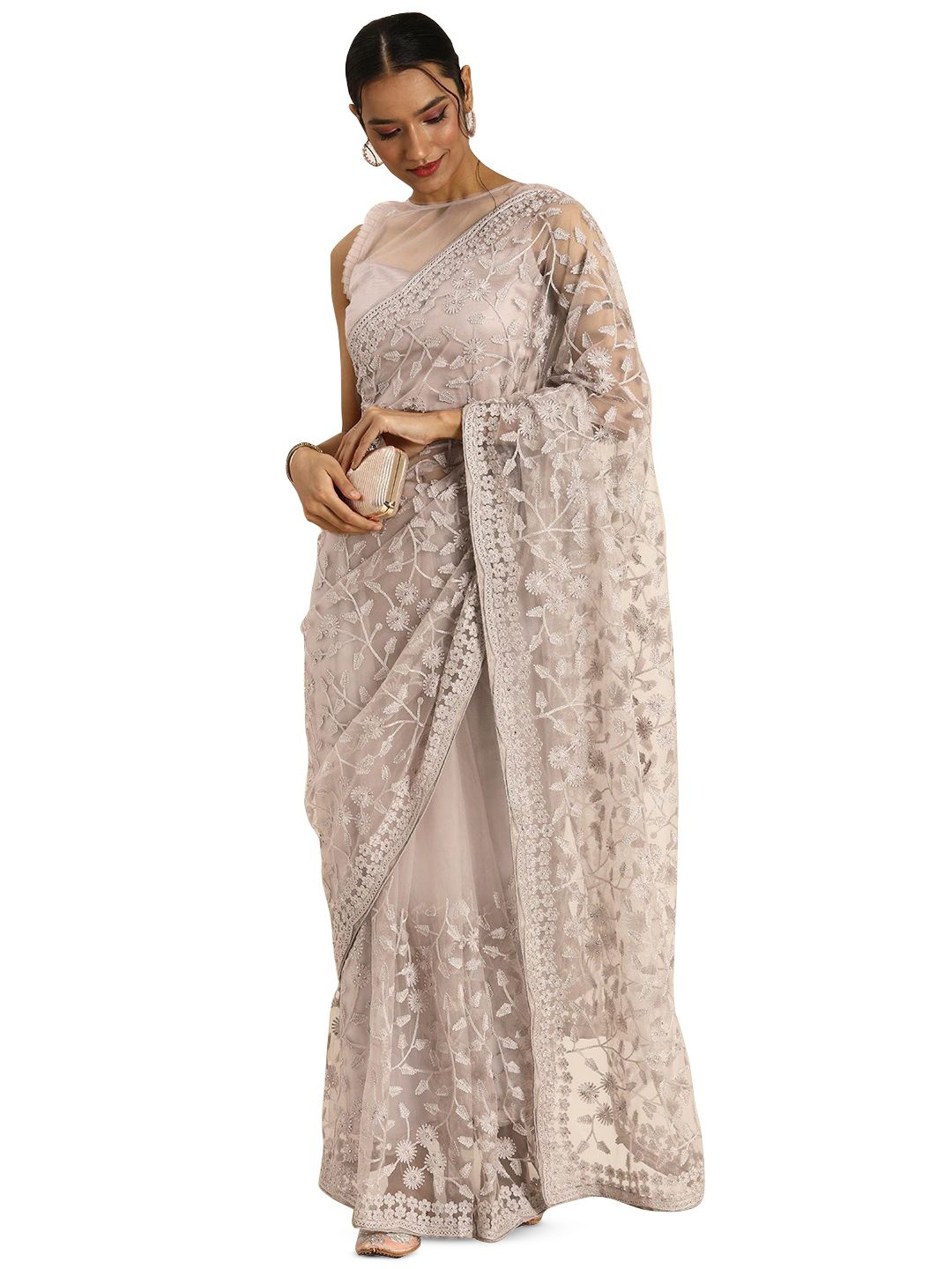 

Maroosh Embellished Beads and Stones Net Saree, Beige