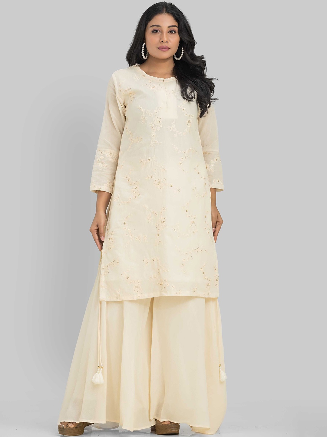 

SACRED SUTA Women Floral Embroidered Regular Sequinned Pure Cotton Kurta with Palazzos, Off white