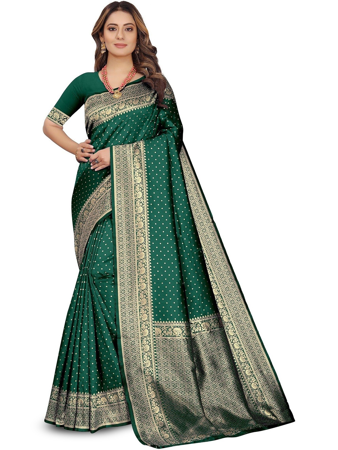 

QENY Woven Design Zari Art Silk Banarasi Saree, Green