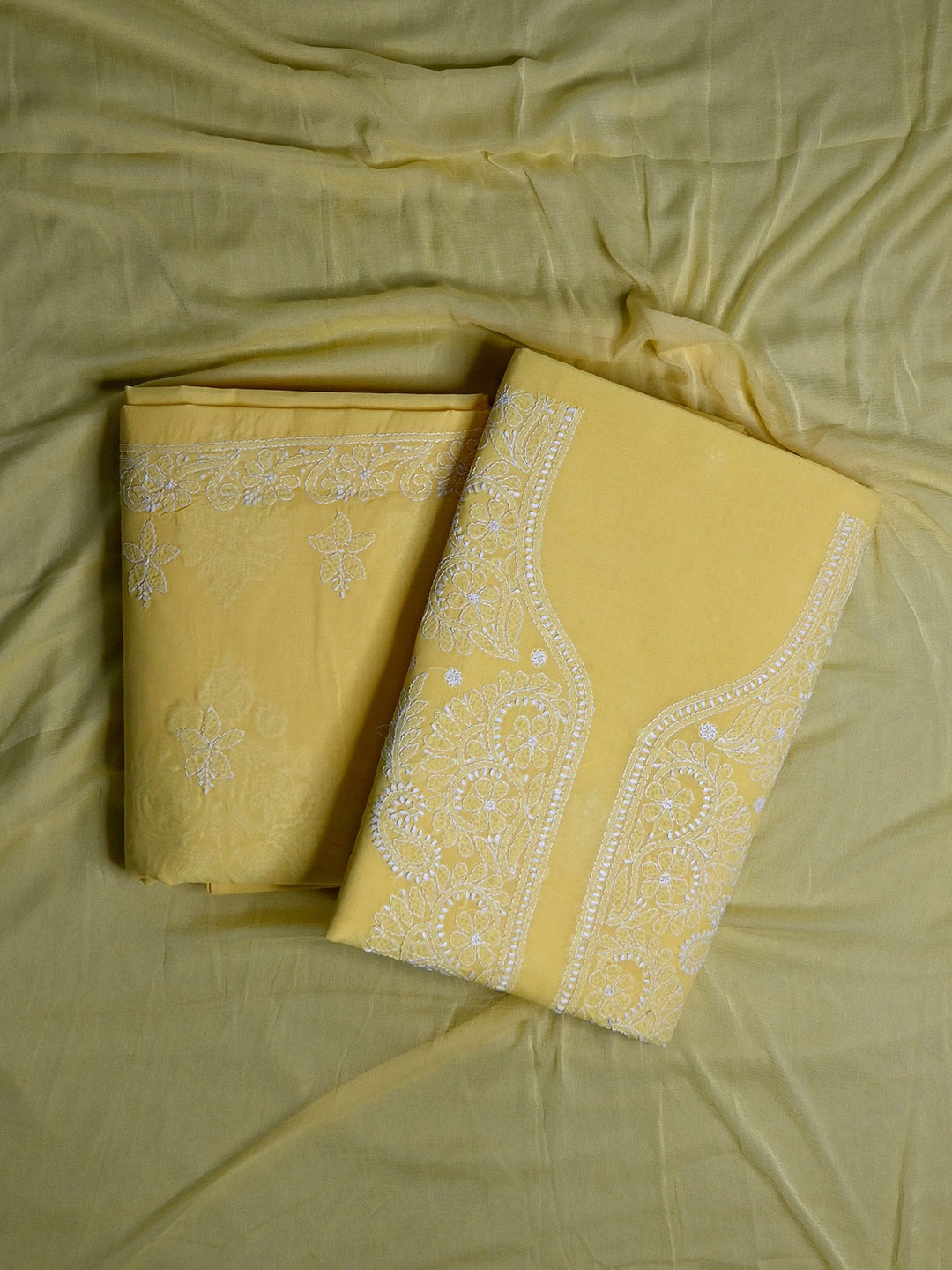 

Seva Chikan Embroidered Unstitched Dress Material, Yellow