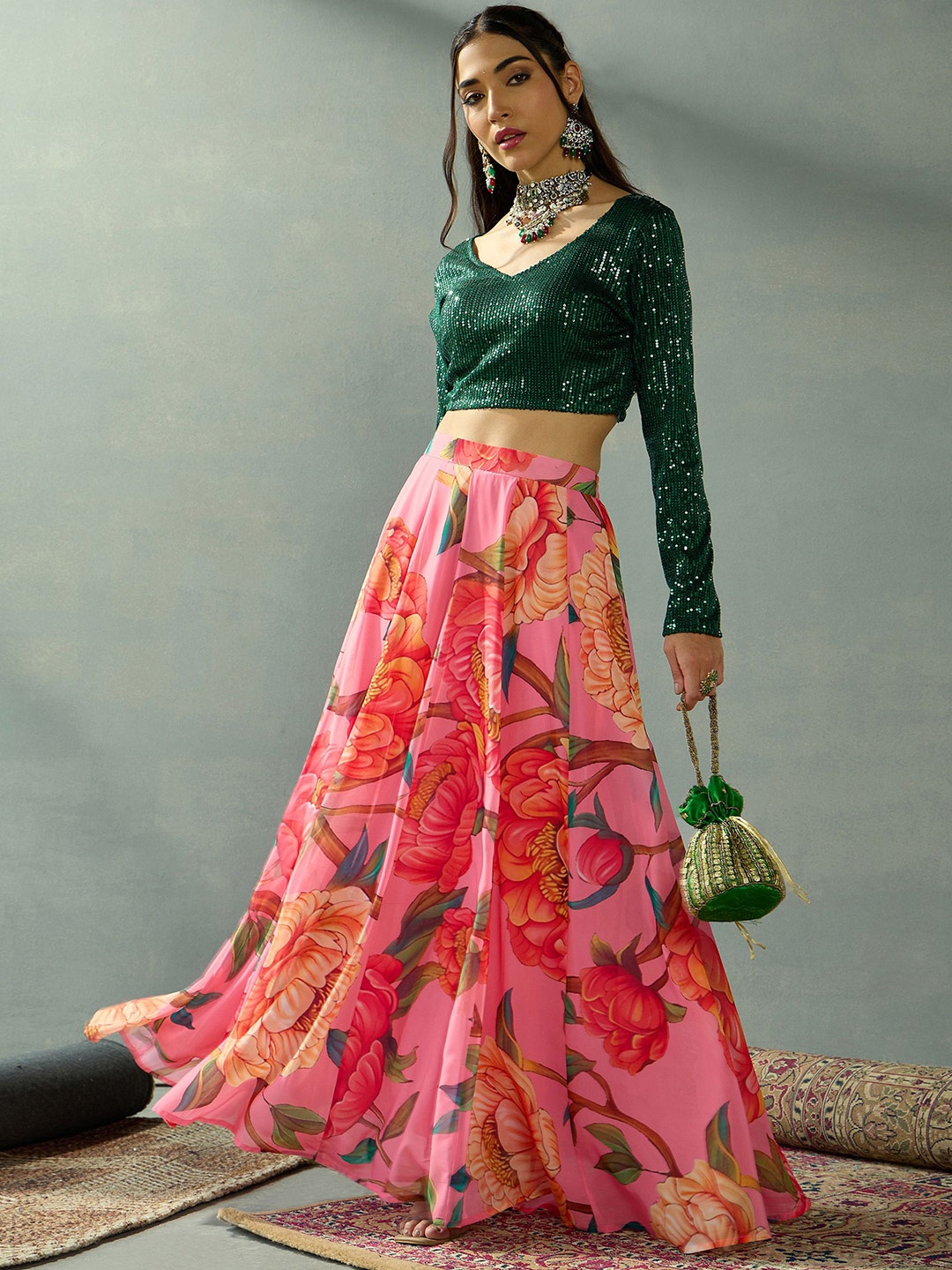 

Shae by SASSAFRAS Embellished Sequinned Ready to Wear Lehenga &, Green
