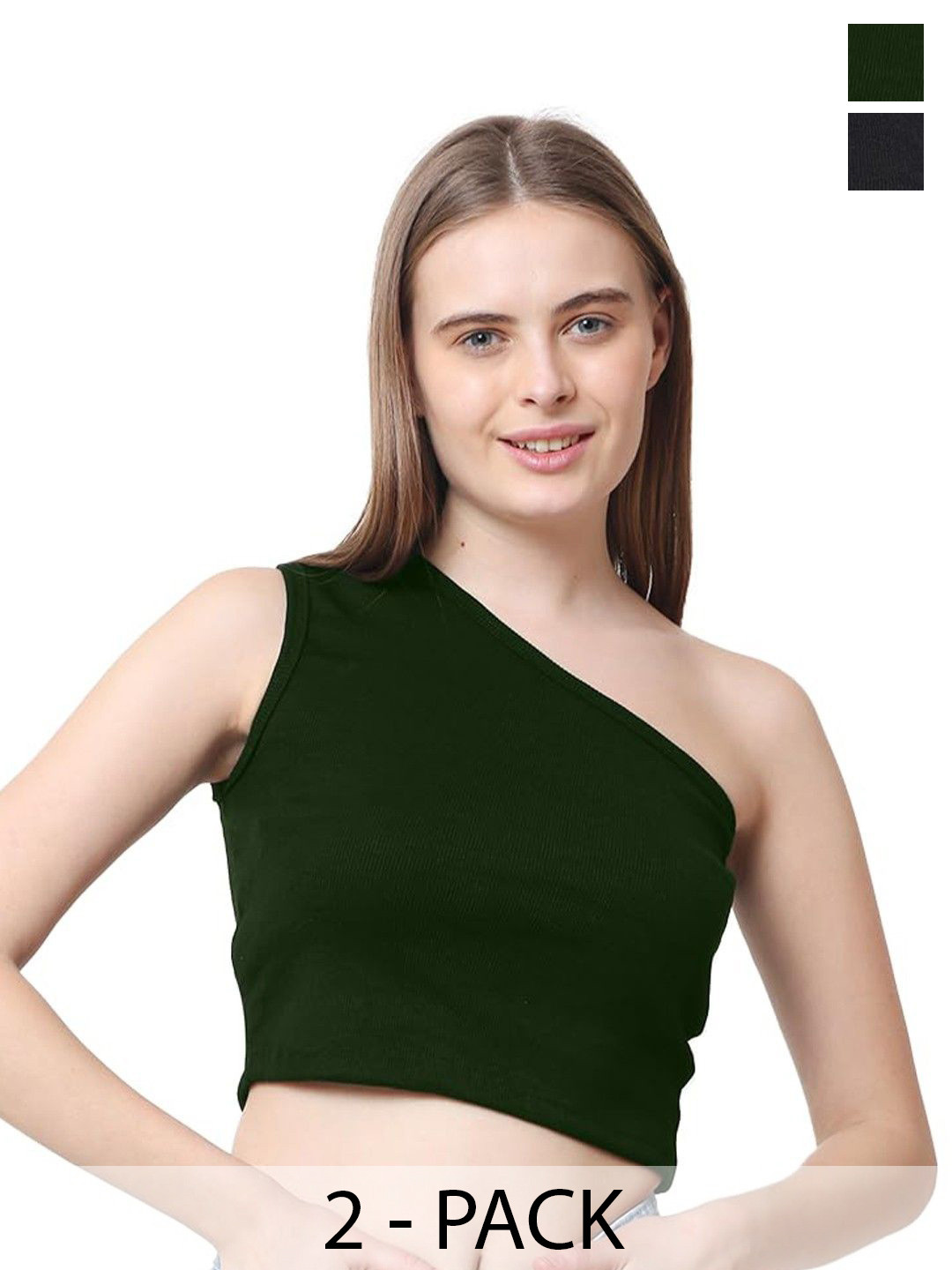 

CareDone Women Pack Of 2 Solid One Shoulder Cotton Tops, Green
