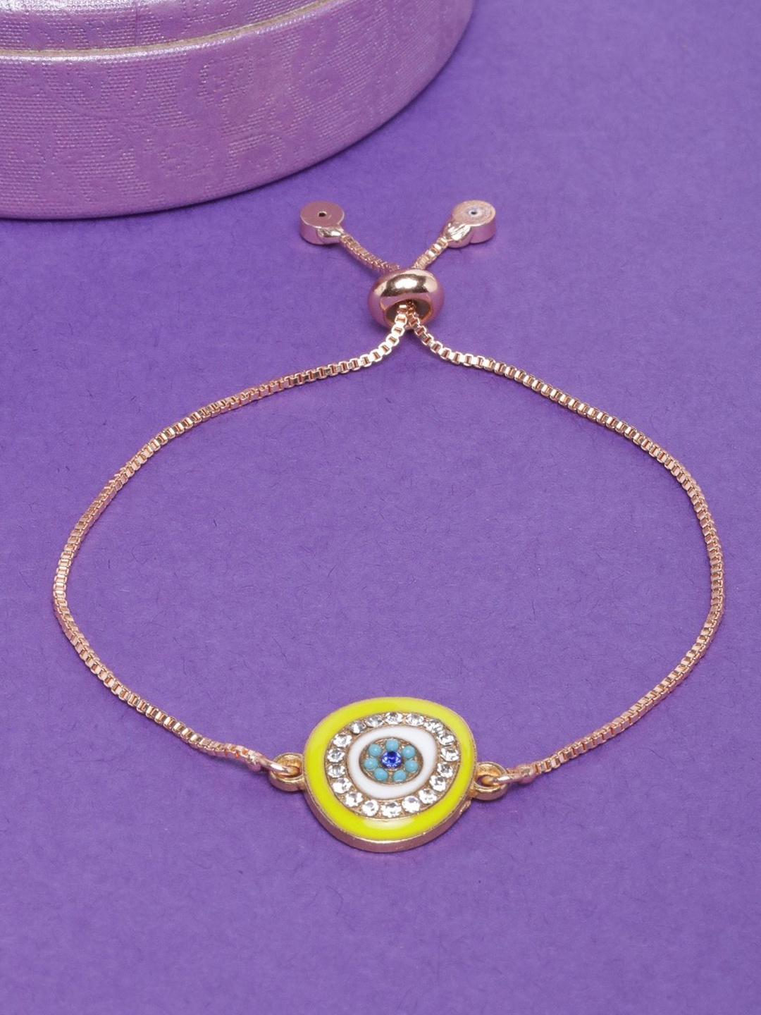 

KPOP Rose Gold-Plated Enamelled Oval Shaped Stone Studded Charm Bracelet