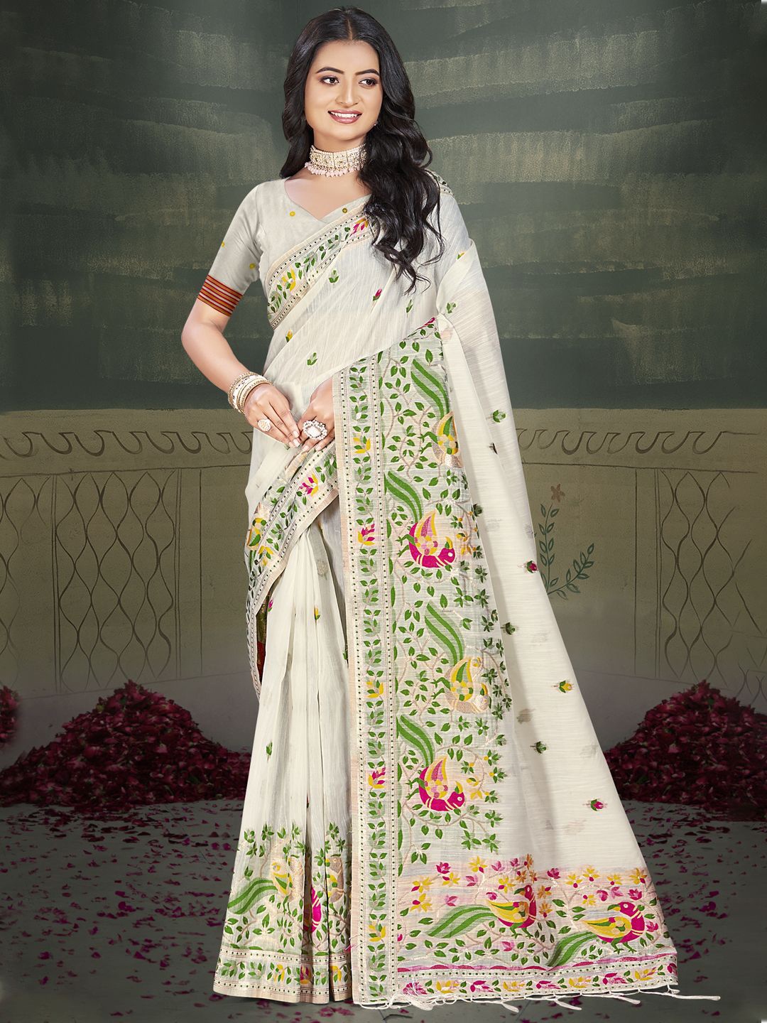 

SANGAM PRINTS Woven Design Zari Tussar Saree, Cream