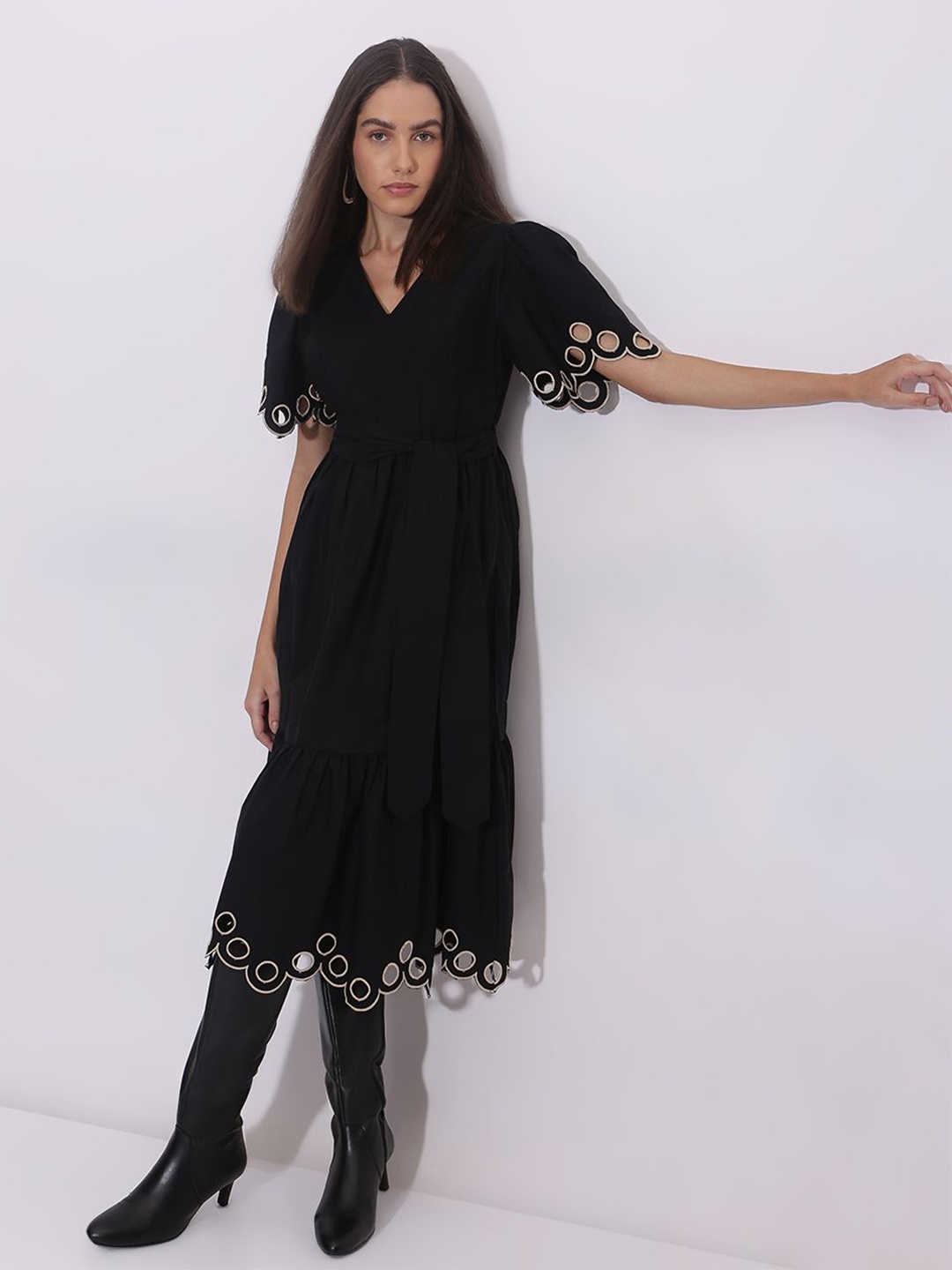 

Vero Moda Women Flutter Sleeve Fit & Flare Midi Dress, Black
