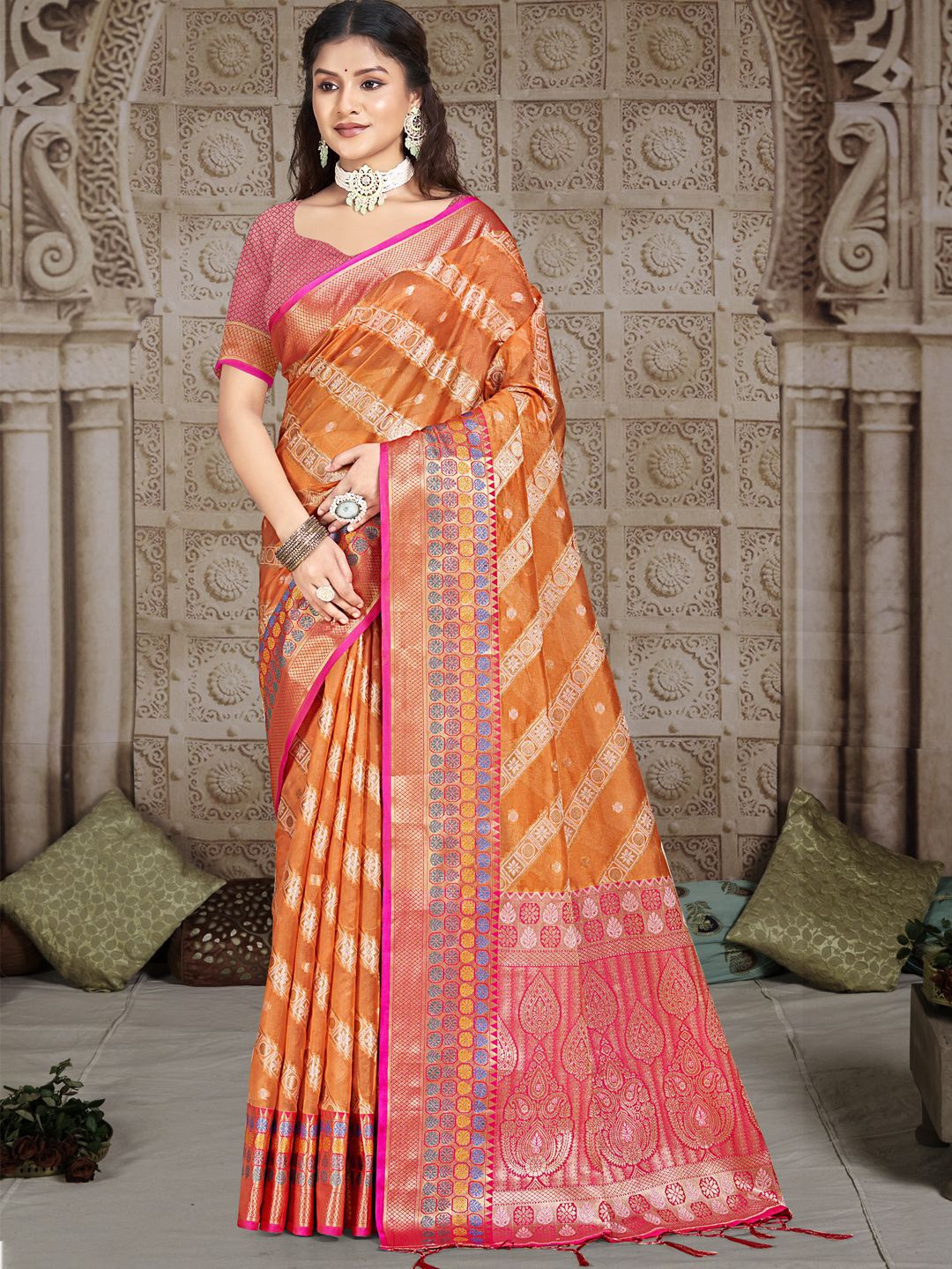 

SANGAM PRINTS Woven Design Zari Silk Blend Tussar Saree, Orange